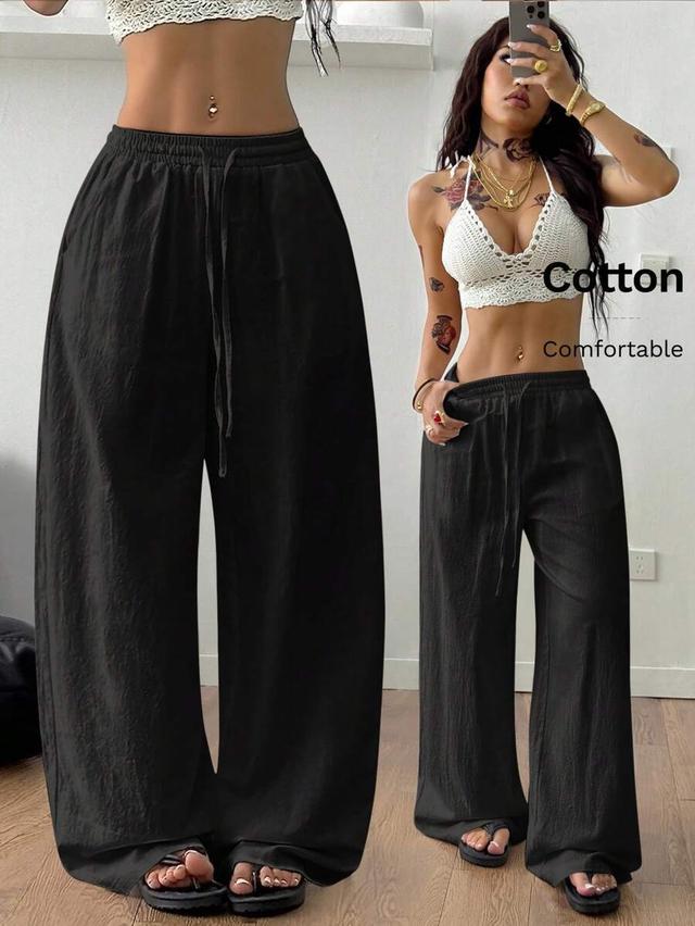 washed black cotton drawstring wide leg pants