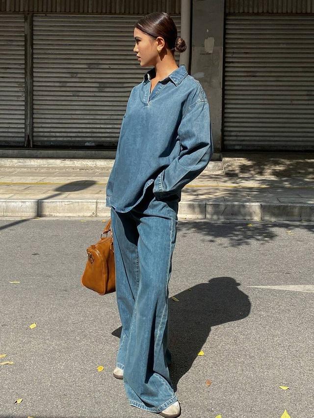 denim drop shoulder long sleeve shirt and pants set
