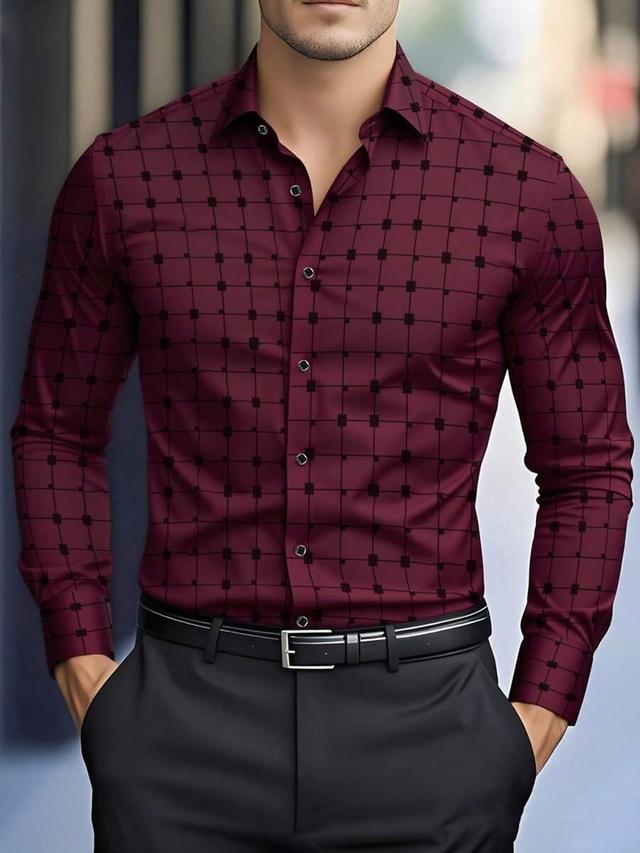 burgundy plaid print long sleeve dress shirt