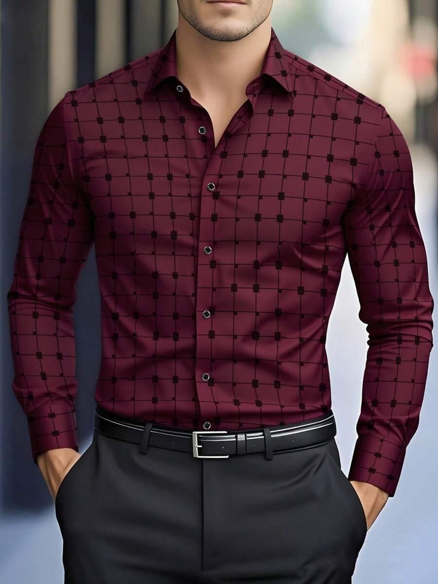 burgundy plaid print long sleeve dress shirt