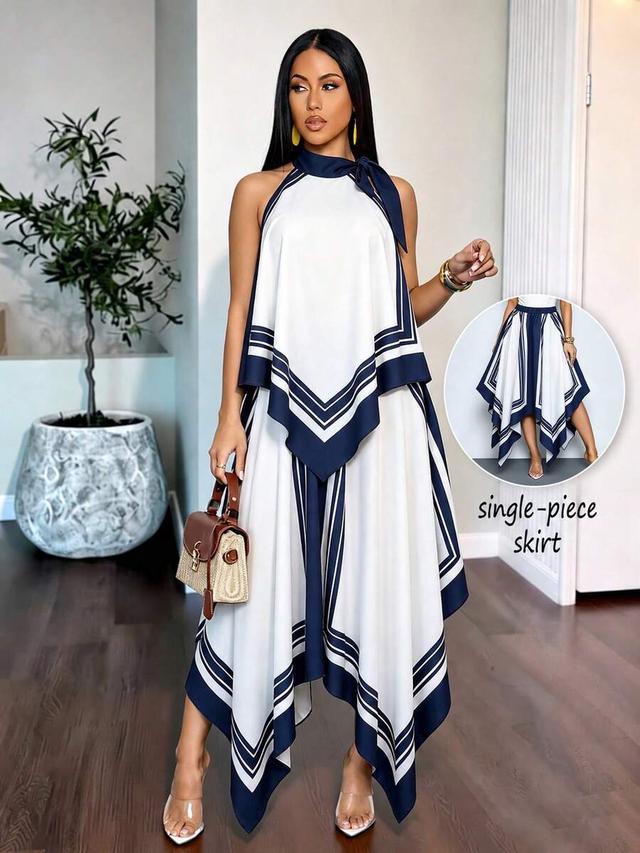 blue and white striped asymmetrical scarf print midi skirt