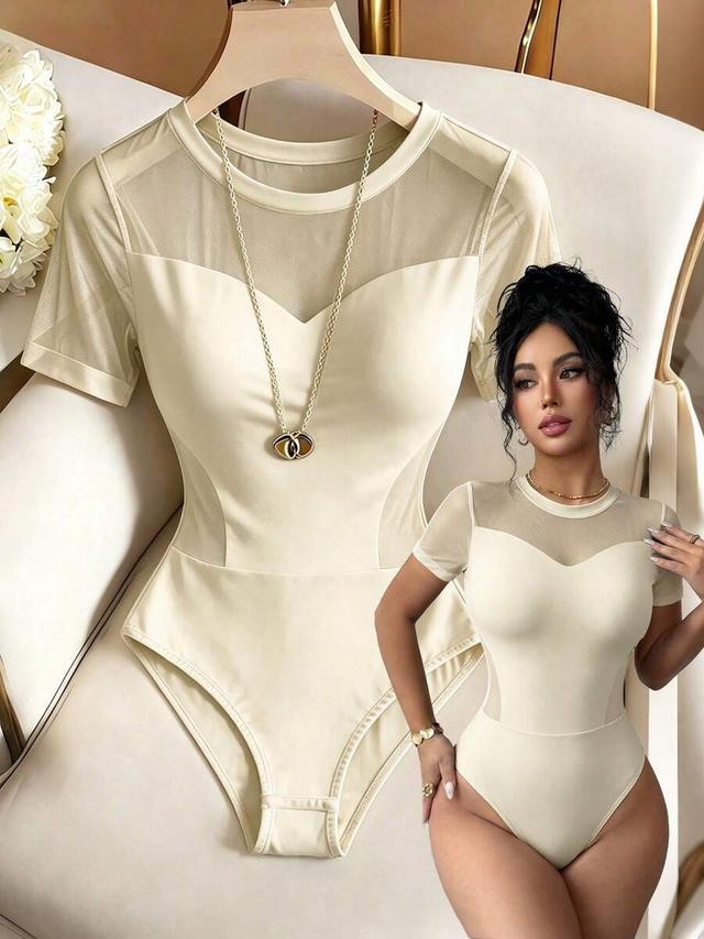 elegant beige mesh patchwork round neck fitted bodysuit