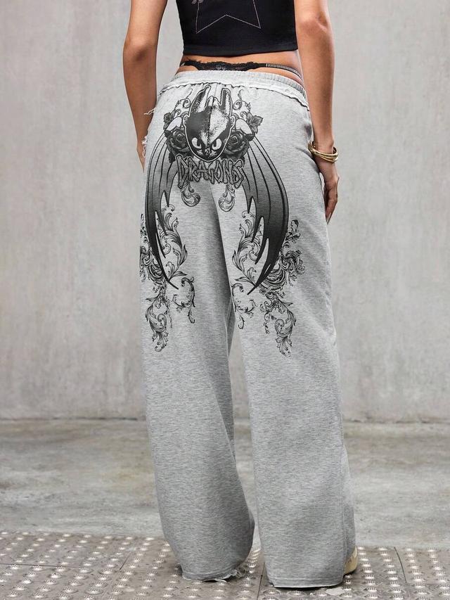 grey cotton graphic print casual wide leg sweatpants