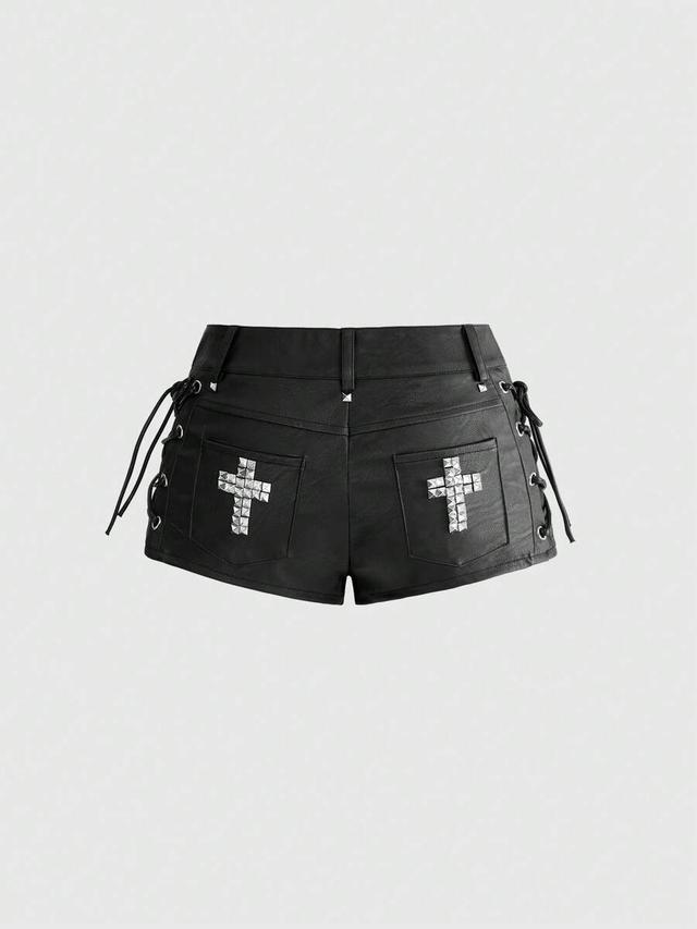 grunge punk rivet lace-up faux leather mini shorts