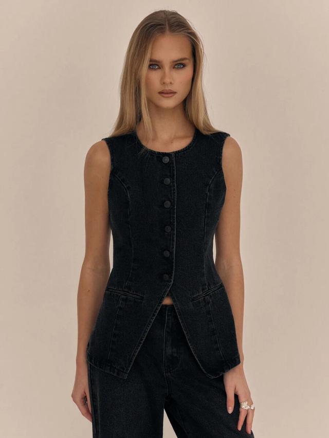 black denim button up vest jacket
