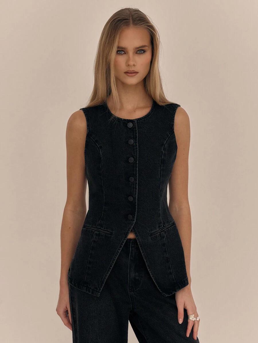 black denim button up vest jacket