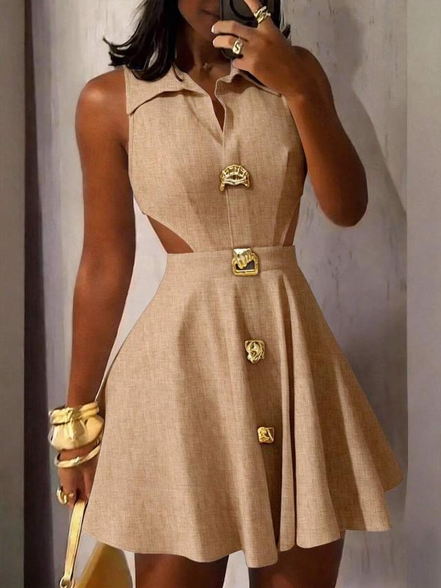 sleeveless collared waist-cinched asymmetric metal buckle a-line dress