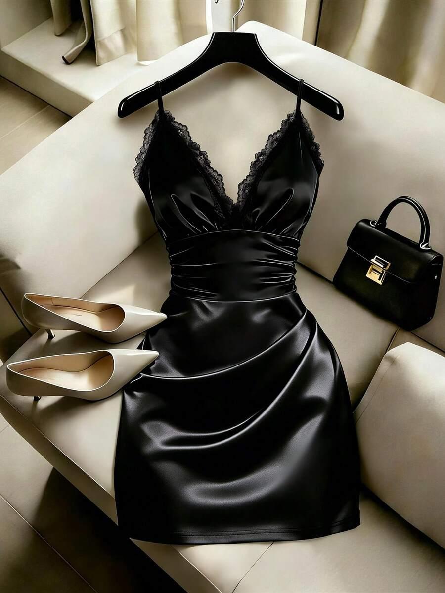 black satin spaghetti strap lace trim ruched mini dress