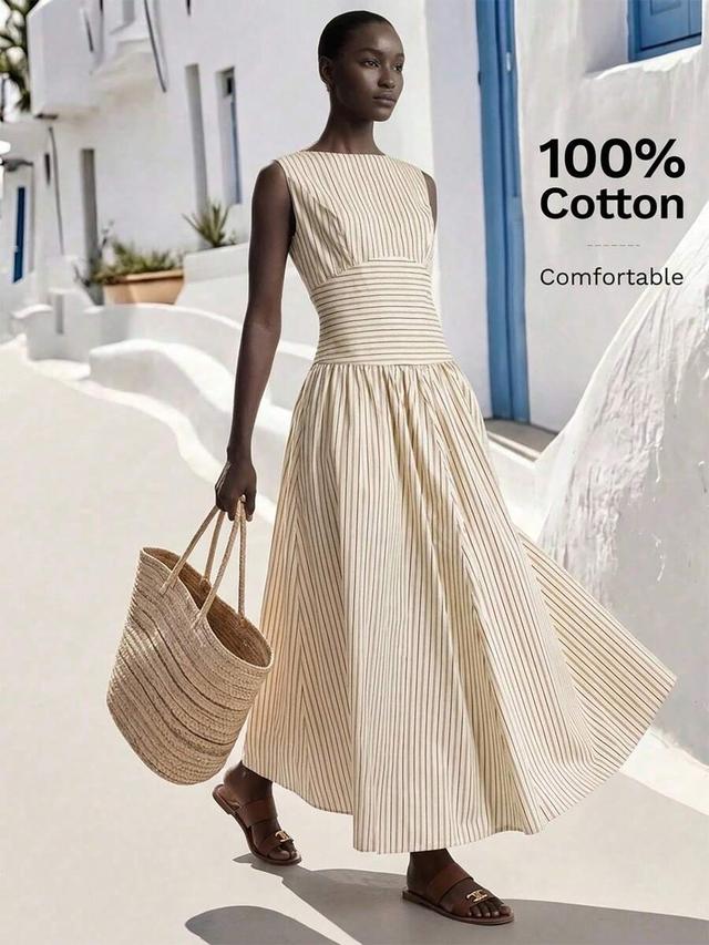 striped sleeveless cotton waist-cinching pleated long dress