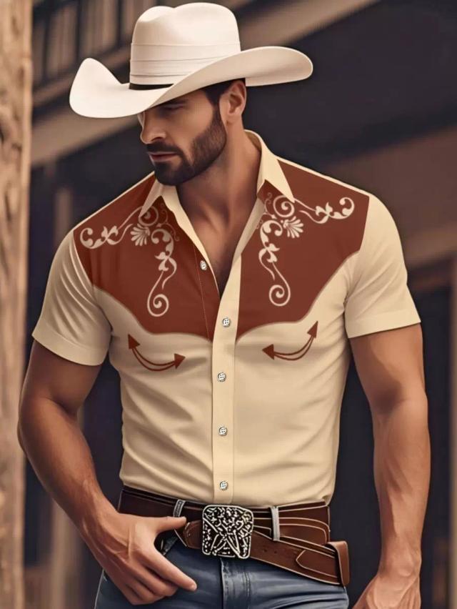 manfinity nomadique solid color patchwork western short sleeve shirt