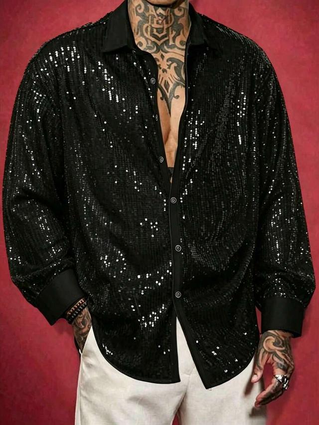 black sequin embellished long sleeve party shirt