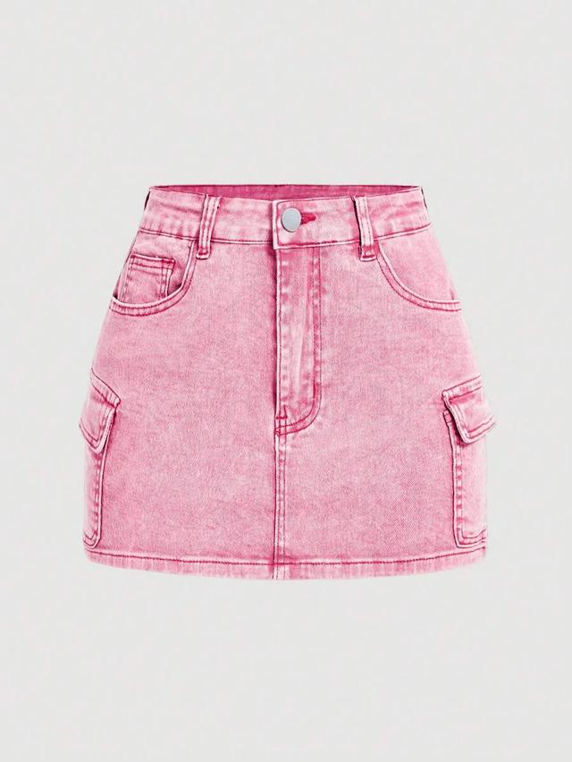 pink acid wash denim cargo mini skirt