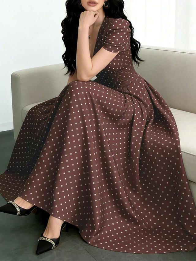 modelyn polka dot coffee color v-neck puff sleeve dress
