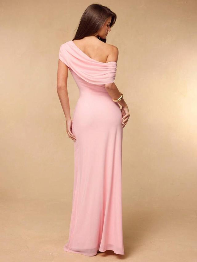 pink draped off-shoulder pleated bodycon maxi dress