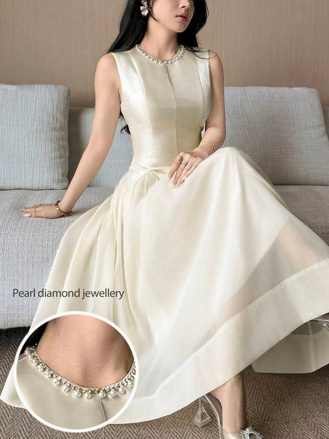 ivory satin pearl embellished waist-cinched formal midi dress