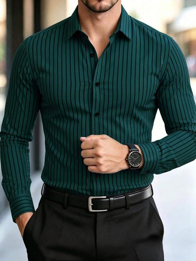 dark green striped long sleeve formal business shirt