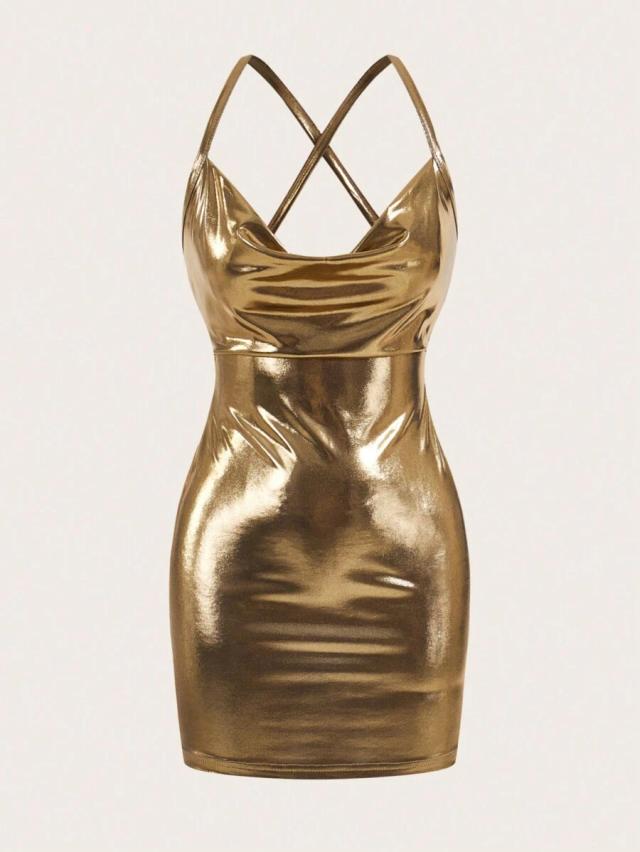 gold metallic draped cowl neck bodycon mini dress