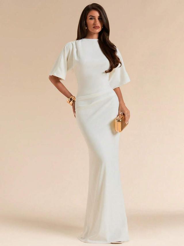 solid white short sleeve fitted pleated elegant dress