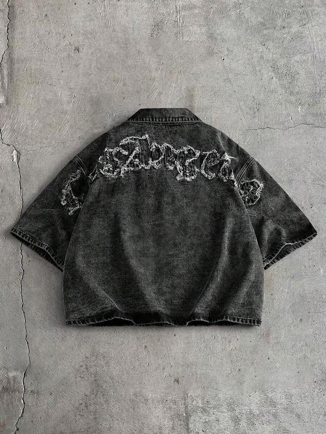 dark grey snow wash denim short sleeve shirt