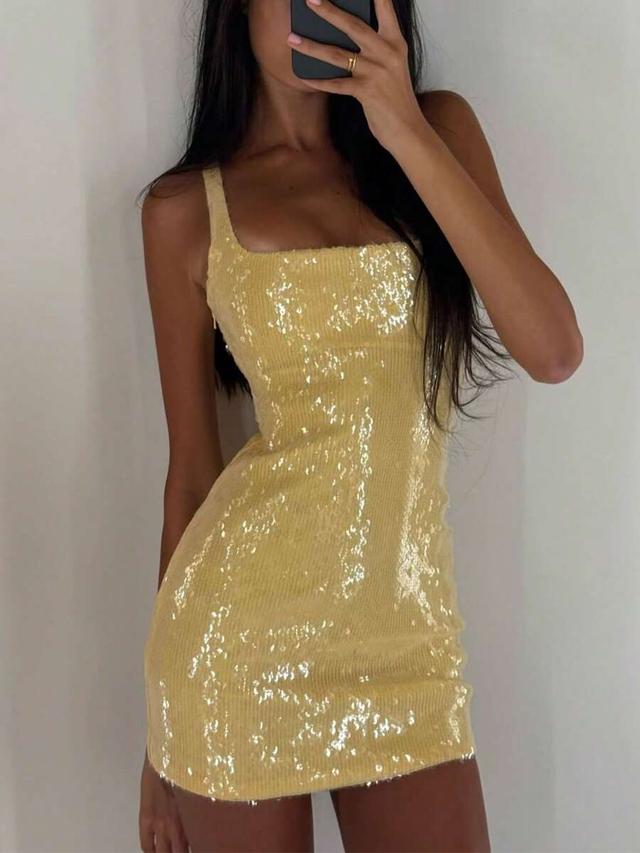 glamful yellow sequin bodycon party mini dress