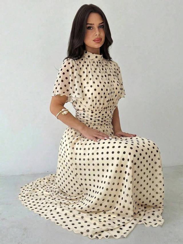 beige polka dot pleated stand collar flare sleeve dress