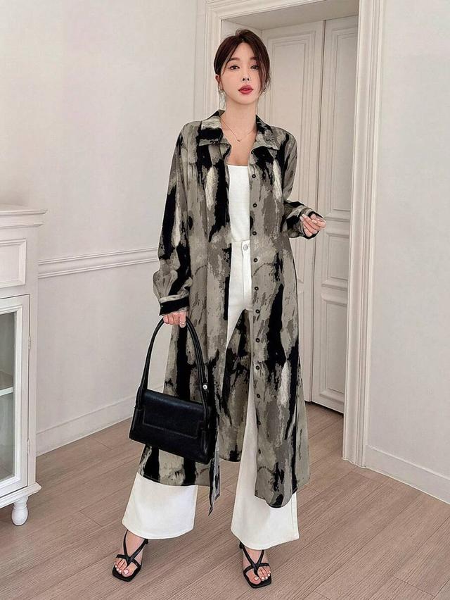 watercolor ink print long sleeve shirt dress