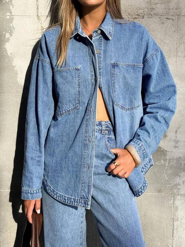 oversized blue denim button-up shirt jacket