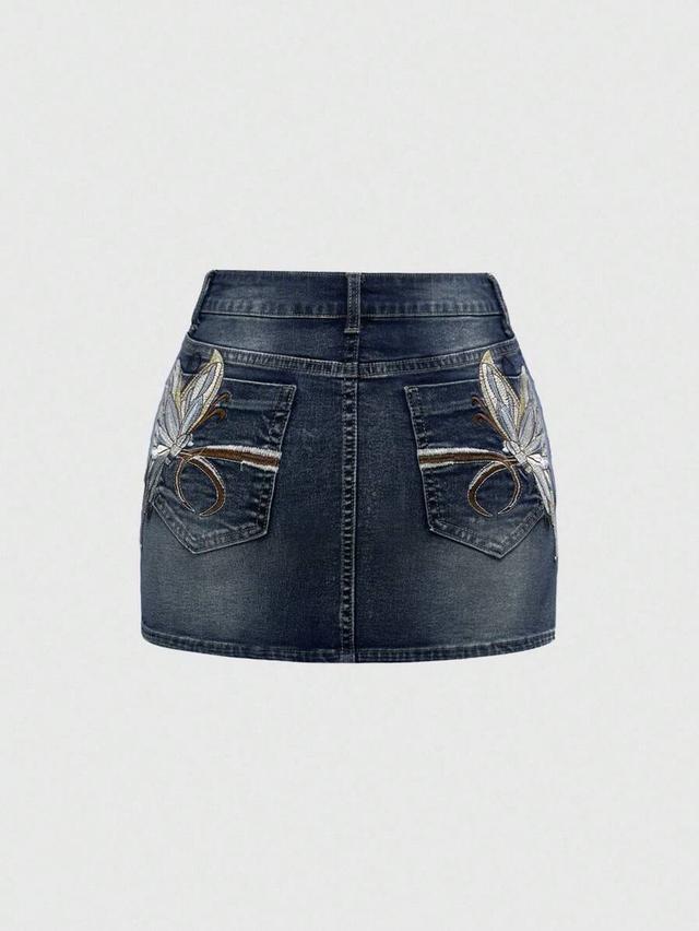 dark wash denim mini skirt with dragonfly embroidery