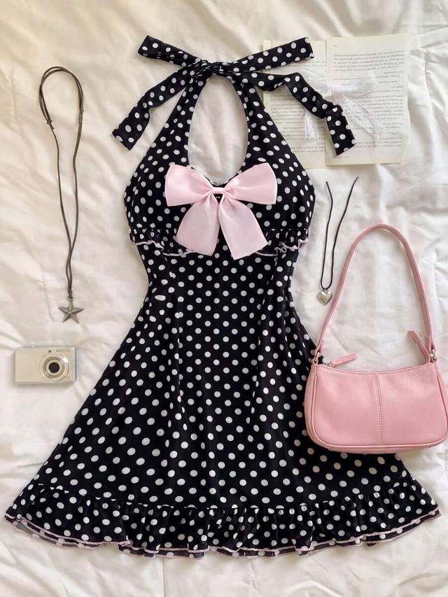 polka dot halter mini dress with pink bow