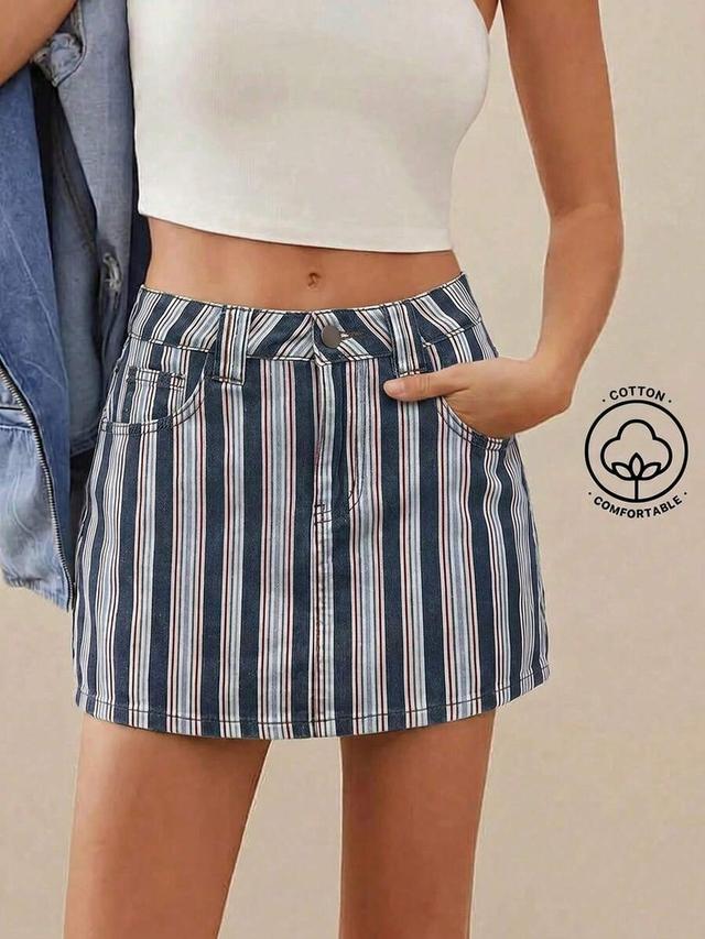 striped denim fitted mini skirt