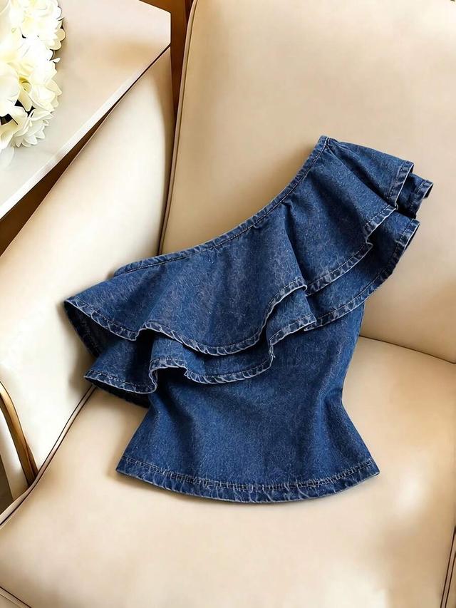gloweve women's summer casual one shoulder ruffle denim top
