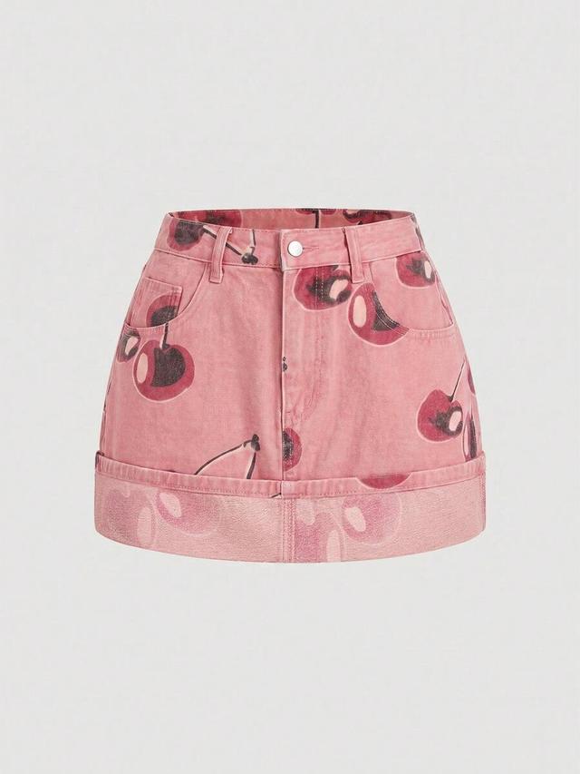 pink cherry print denim mini skirt