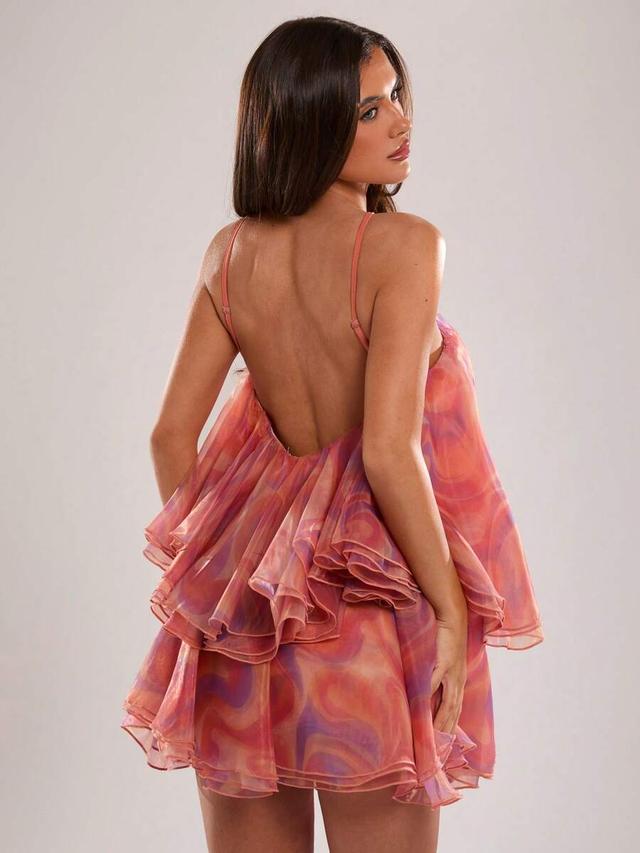 orange geometric print organza halter ruffle mini dress