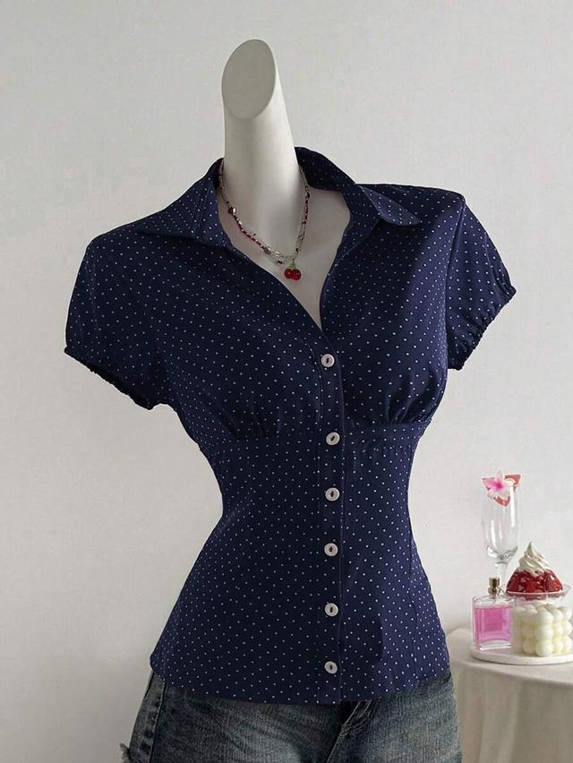 elamini navy polka dot fitted short sleeve blouse
