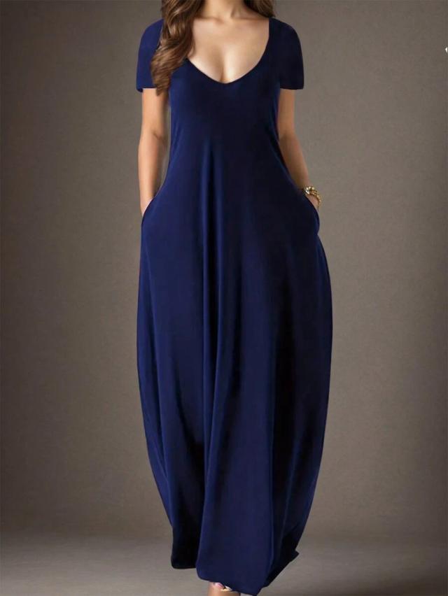 nostanoir navy v-neck short sleeve pocket dress