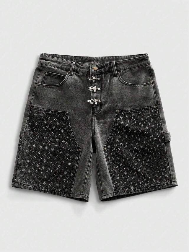 grey washed denim shorts with textured pocket panels