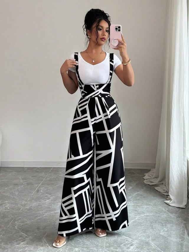 geometric print wide leg casual jumpsuit