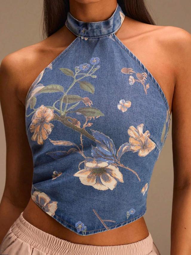 floral printed denim halter neck sleeveless top