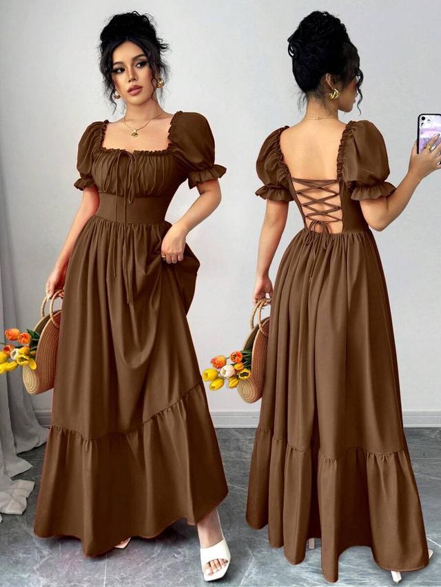 brown square neck puff sleeve lace up back dress