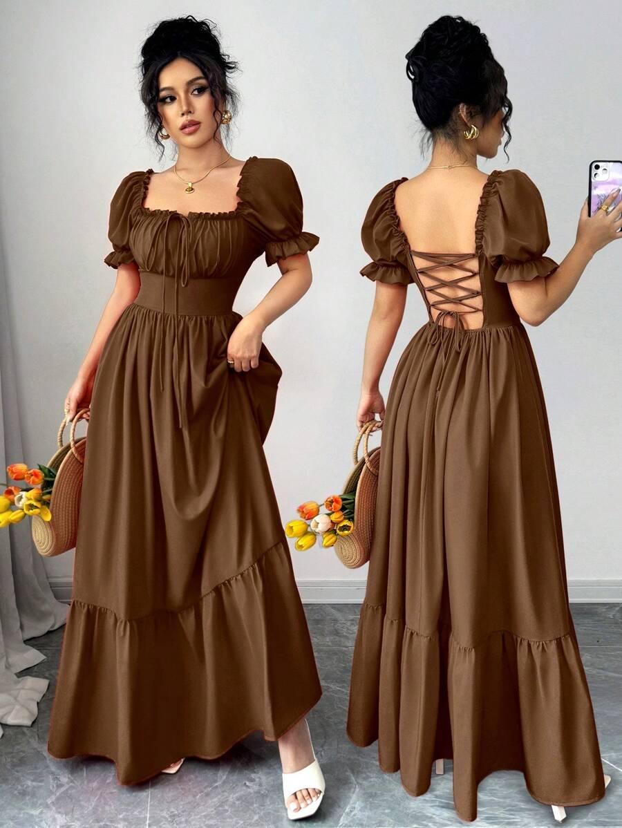 brown square neck puff sleeve lace up back dress