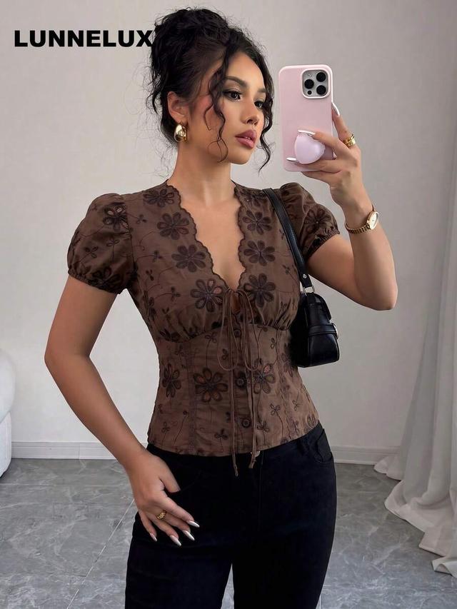 brown floral embroidered v-neck puff sleeve blouse