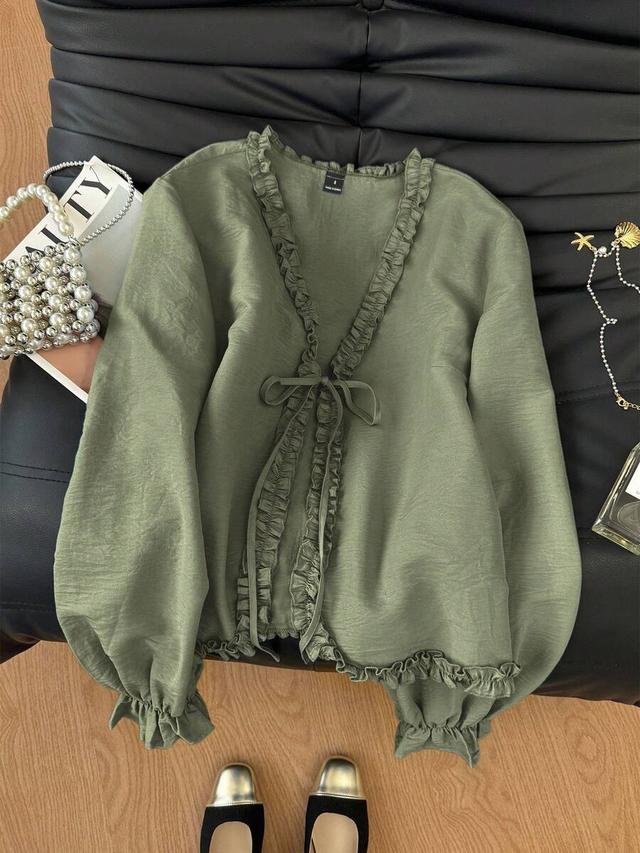 olive green frill trim long sleeve blouse