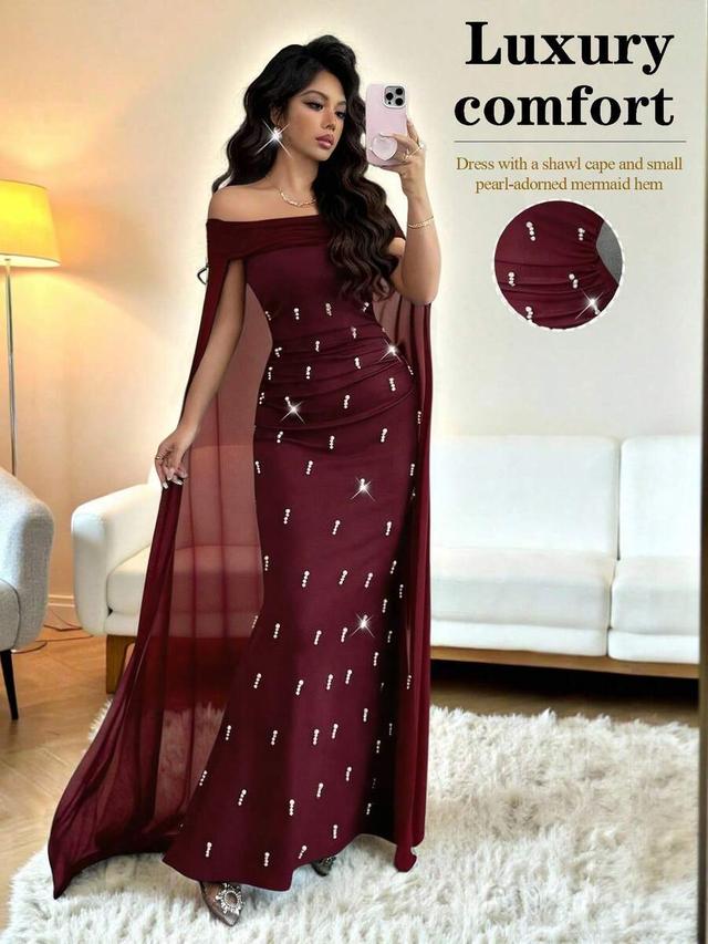 red wine one-shoulder knitted cape dress with pearl embellishment