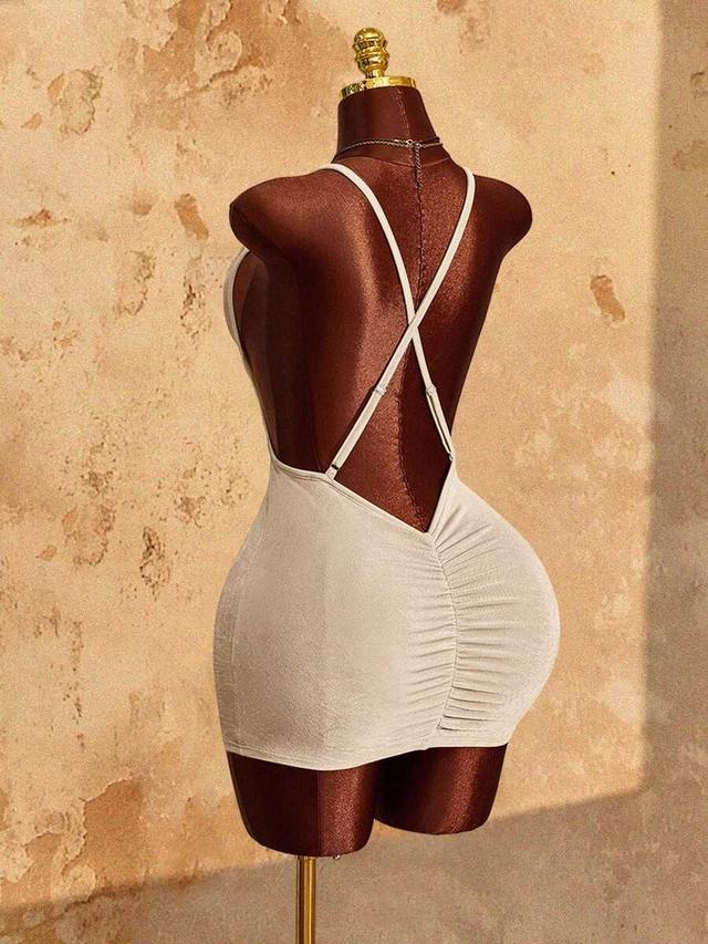 beige ruched criss-cross backless mini dress