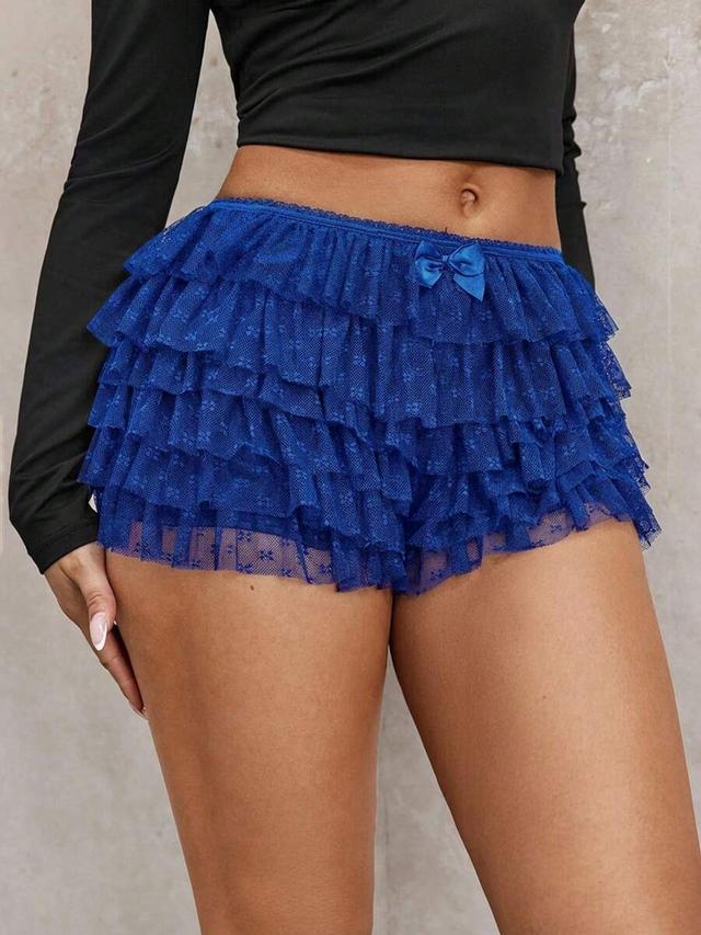 royal blue polka dot lace ruffle trim mini shorts