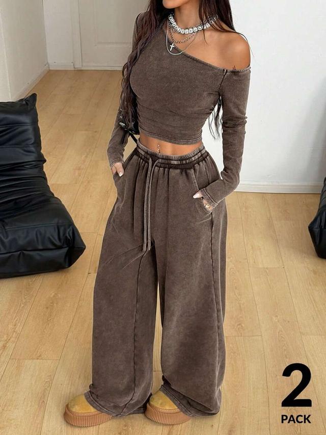 brown mineral wash asymmetrical long sleeve lounge set