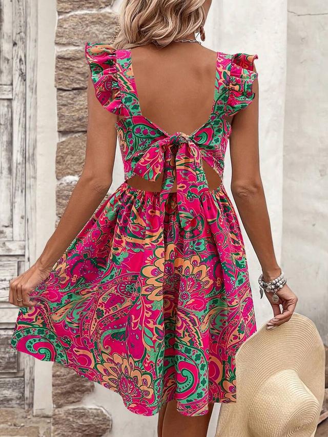 breezaya women's ruffle strap full print tie back dress