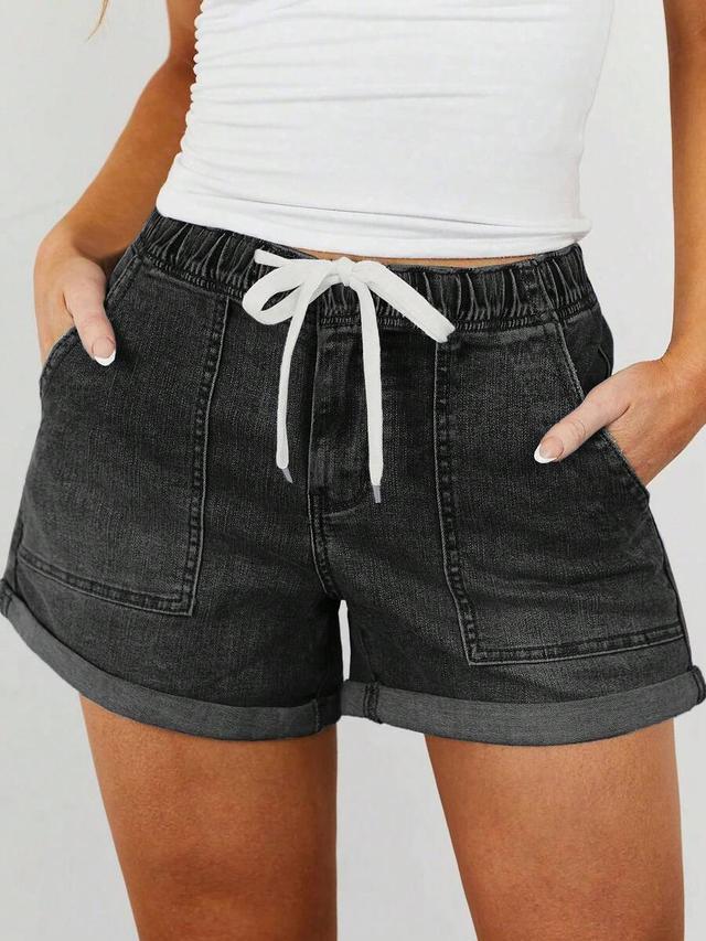 black washed denim elastic waist shorts