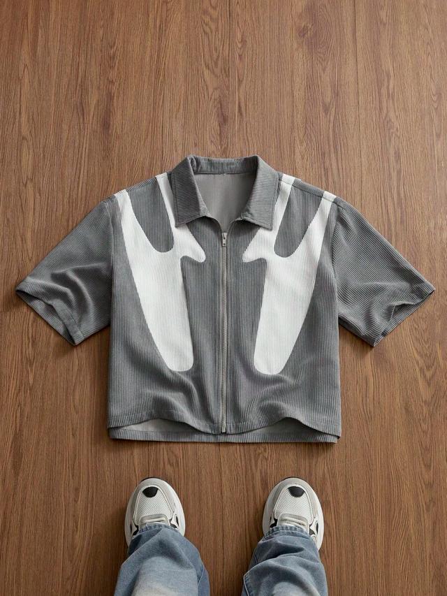 grey corduroy patchwork short sleeve zip shirt