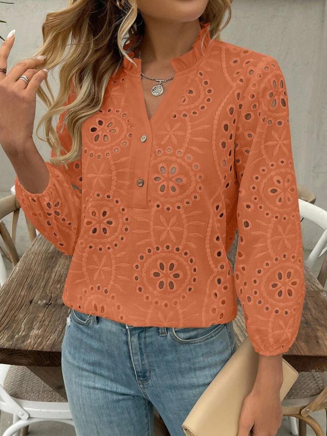 orange v-neck ruffle trim embroidered hollow long sleeve blouse